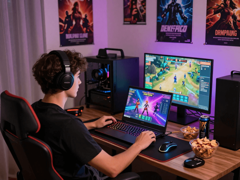 Engaged player enjoying an interactive sex game on a gaming laptop in a cozy room atmosphere.