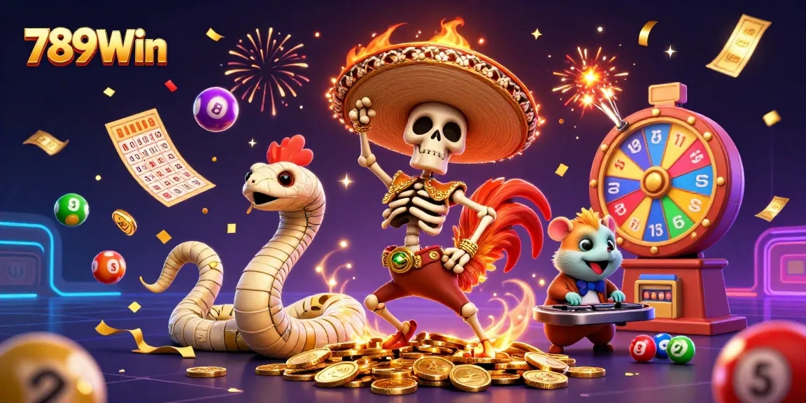 789Win features a lively scene with a mariachi rooster, mummy snake, and DJ hamster celebrating on golden coins.
