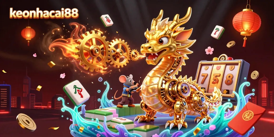 Engage with excitement at keonhacai88 featuring a golden dragon breathing gears in a vibrant casino scene.
