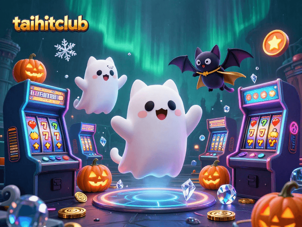 Join the thrill at taihitclub, where a ghost cat and bat explore a vibrant haunted casino scene.