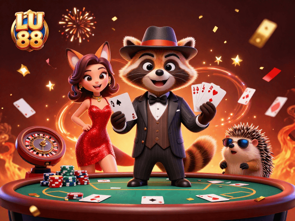 Experience thrilling poker action with LU 88's vibrant characters amidst a festive casino atmosphere.