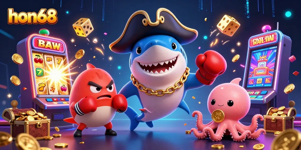 hon68 showcases a vibrant 3D scene with a pirate shark and friends winning big at slots.