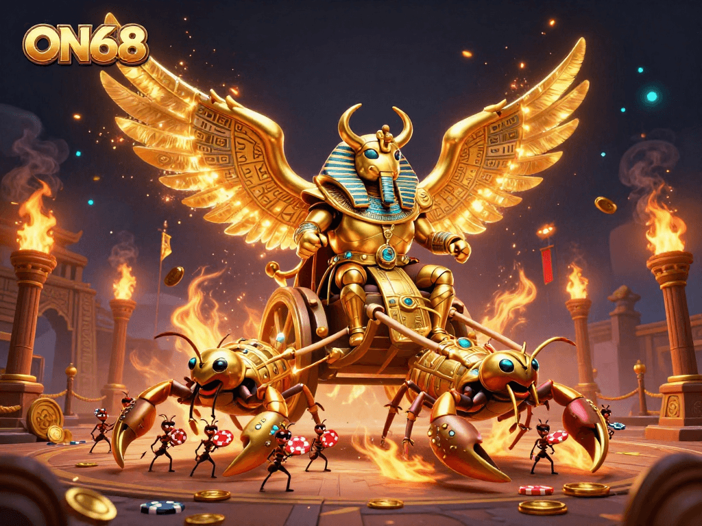Experience ON68 excitement with a golden scarab chariot in a vibrant casino scene.