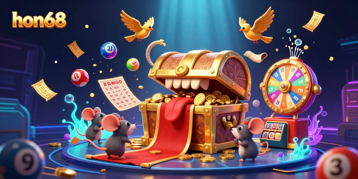 Experience the thrill of hon68 with colorful lottery elements and treasure chests in a vibrant casino scene.