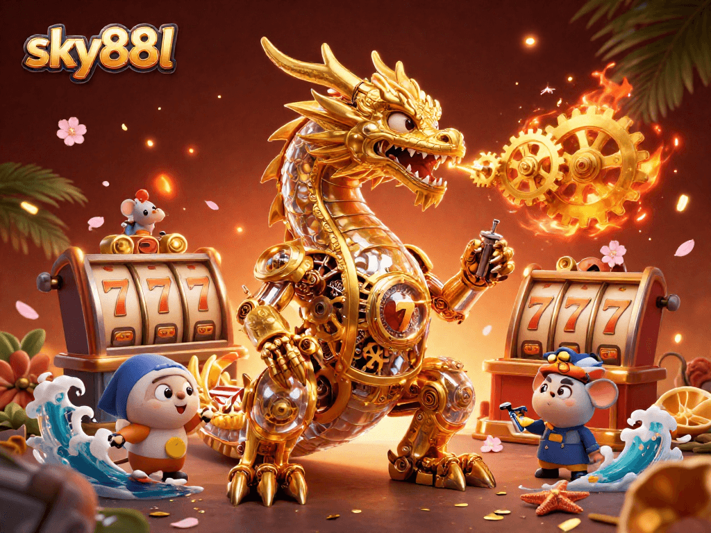 Engage with the thrilling sky88l gaming scene featuring a golden dragon amidst slot reels and festive elements.