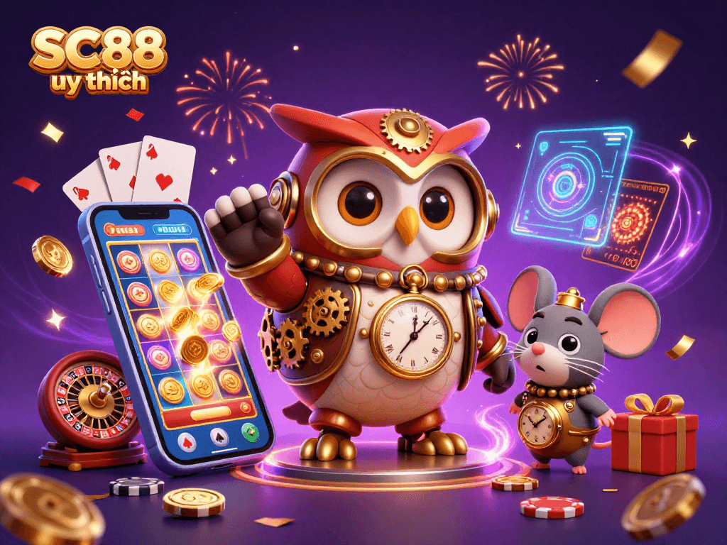 Win big with SC88 uy tín, as the 3D owl and mouse celebrate amidst vibrant casino elements.