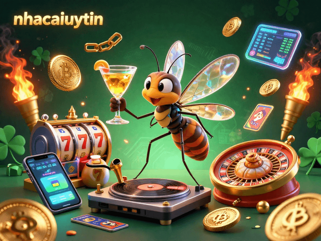 Engage with nhacaiuytin's vibrant casino atmosphere featuring dynamic characters and neon casino elements.
