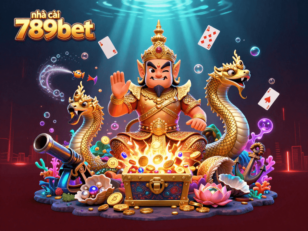 Engaging scene showcasing nhà cái 789bet with vibrant Thai guardian, Naga serpents, and underwater treasures