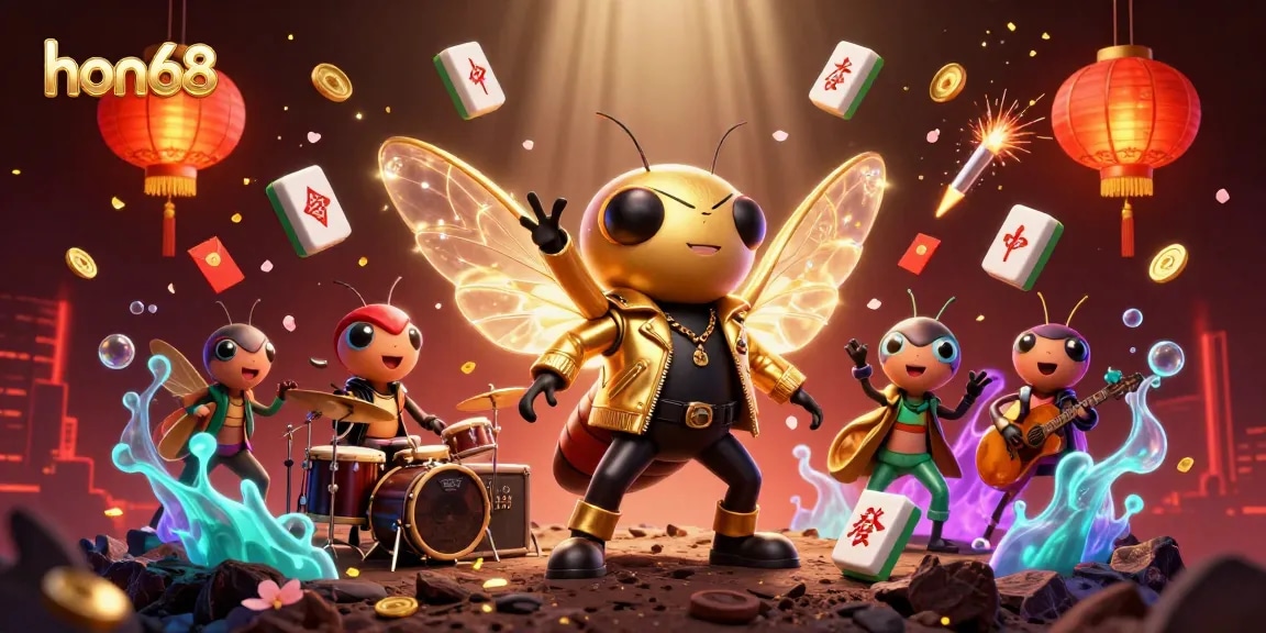 Experience the thrill of gambling with hon68, a dynamic cartoon scene featuring rock stars and festive elements.