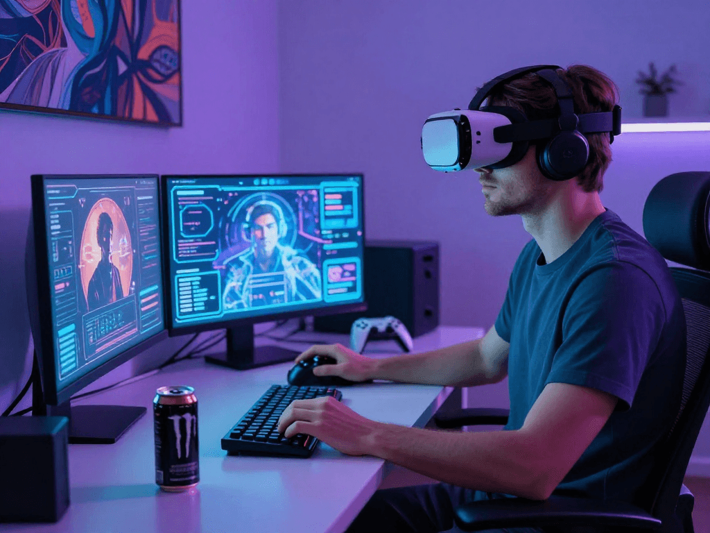 Immersive NSFW AI experience with a user in a futuristic digital workspace exploring adult themes through VR technology.