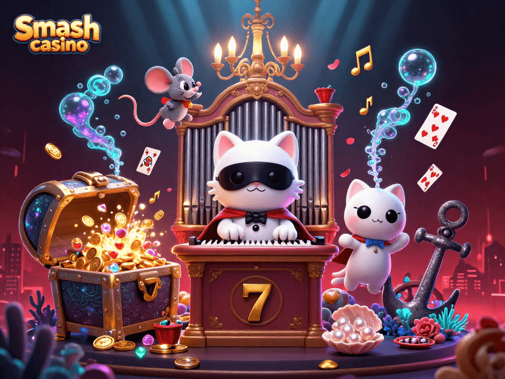Engage with fun gameplay at Smash casino featuring a lively scene of animated characters and exciting slot elements.
