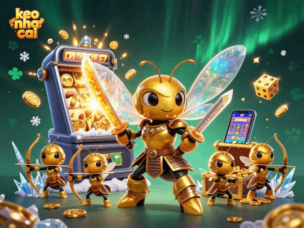 Engage with keo nha cai in a vibrant casino-themed 3D digital illustration featuring a giant hornet and slot machine elements.