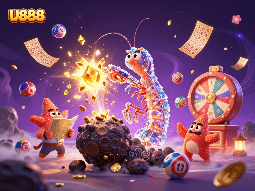 Experience the excitement of U888 gaming with vibrant illustrations of dynamic characters and casino elements.