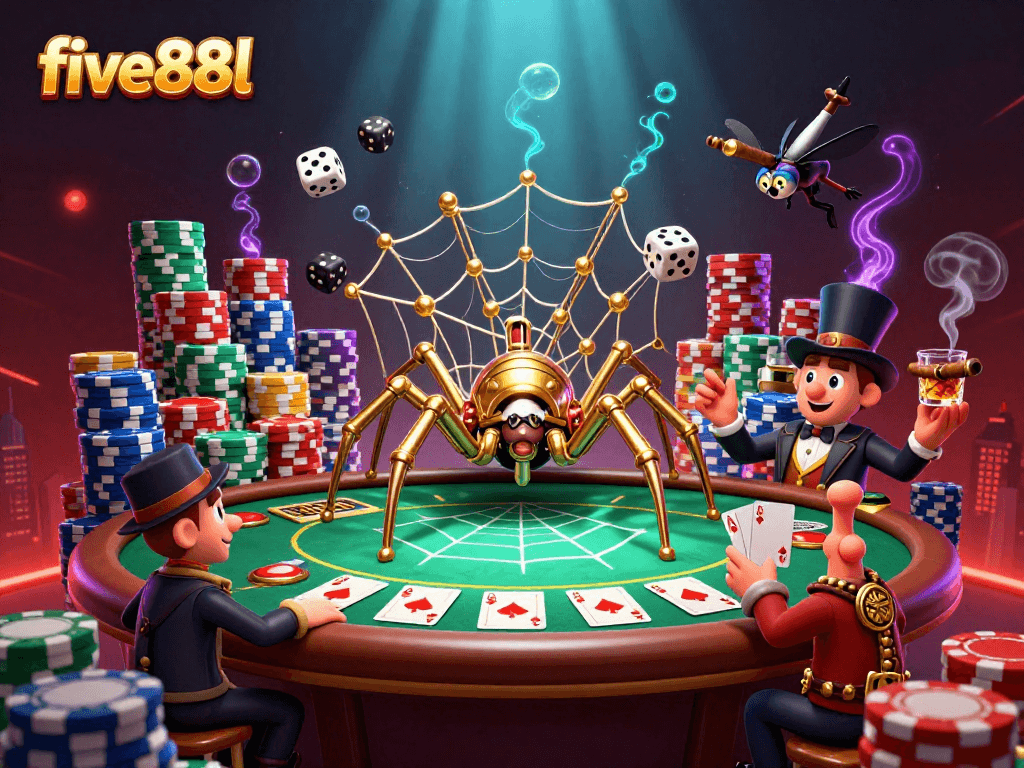 Experience exciting wins at five88l with a playful steampunk spider and a Victorian insect gentleman at a vibrant casino scene.