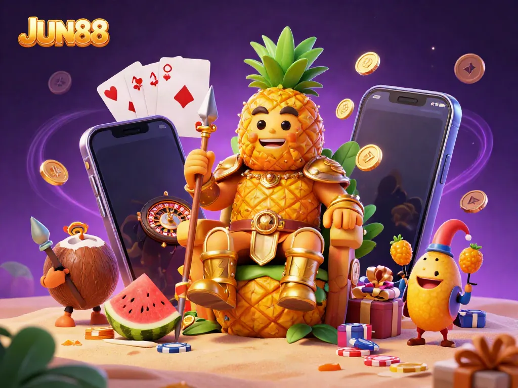 Experience excitement at JUN88 with the golden pineapple king and his entourage amidst casino thrills on a vibrant beach.