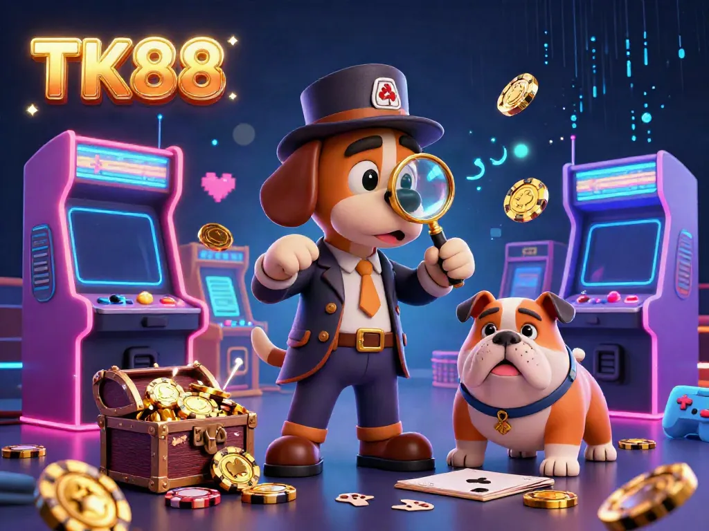 Experience the excitement of TK88 with a detective bloodhound uncovering gaming treasures amidst vibrant arcade elements.
