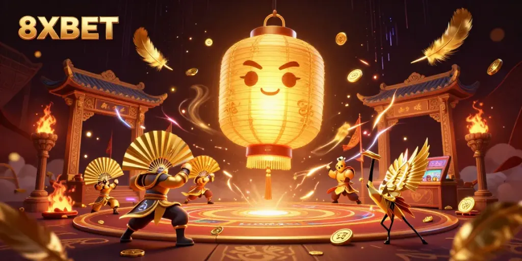 Experience thrilling action with 8XBET as a golden lantern spirit and warriors bring luck at the casino.
