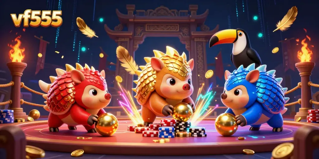 Bowling pangolins in the vf555 arena with poker chips, vibrant casino atmosphere.