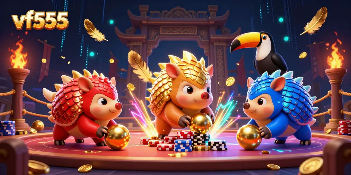 Bowling pangolins in the vf555 arena with poker chips, vibrant casino atmosphere.