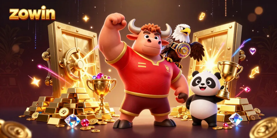 Zowin's energetic victory scene features a bull mascot, eagle with a belt, and panda trophy in a casino setting.