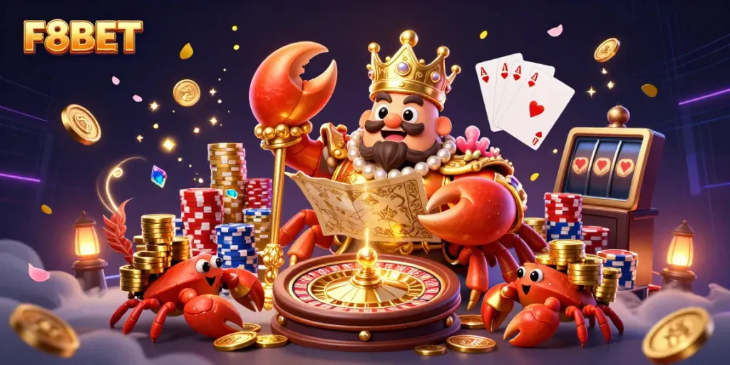 Experience the excitement of F8BET with the golden crab emperor and dynamic casino elements.