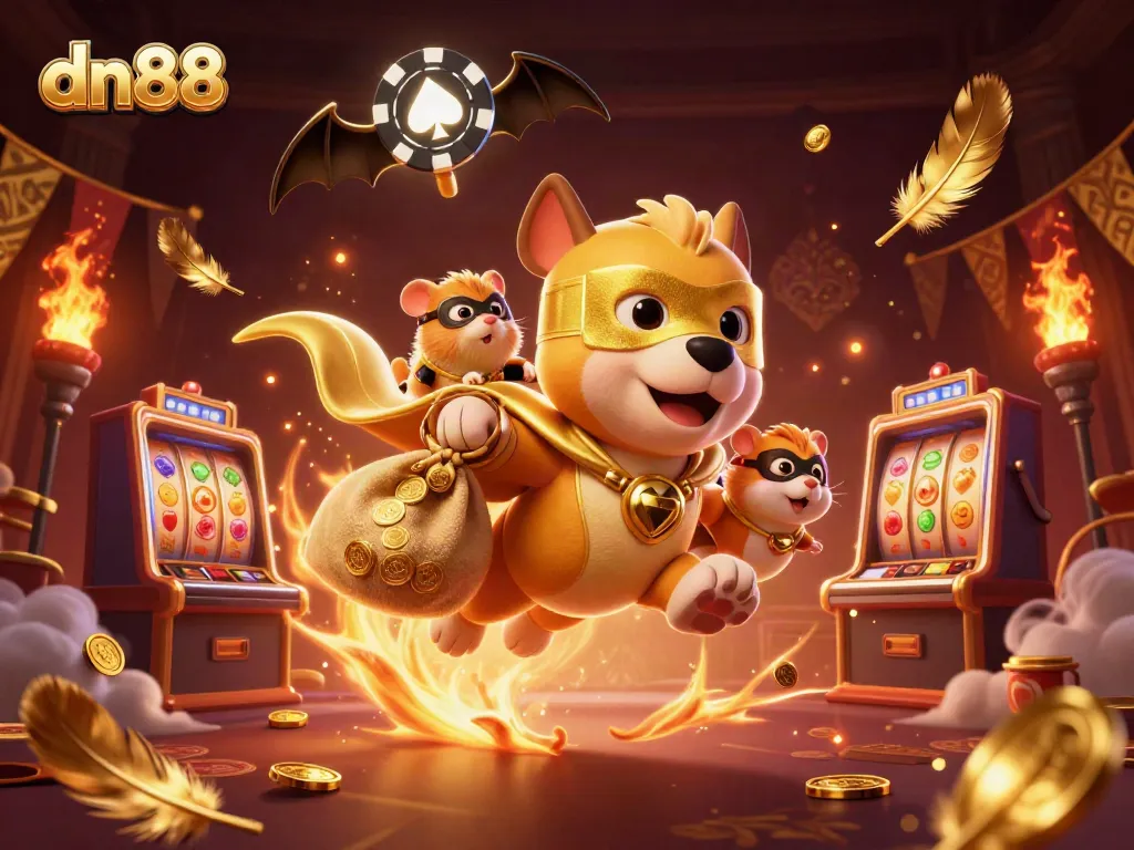 Engage with thrilling dn88 casino action featuring a heroic dog and hamster amidst dynamic slot elements.