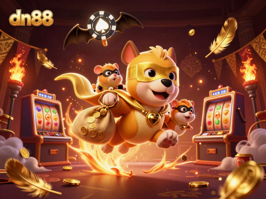 Engage with thrilling dn88 casino action featuring a heroic dog and hamster amidst dynamic slot elements.