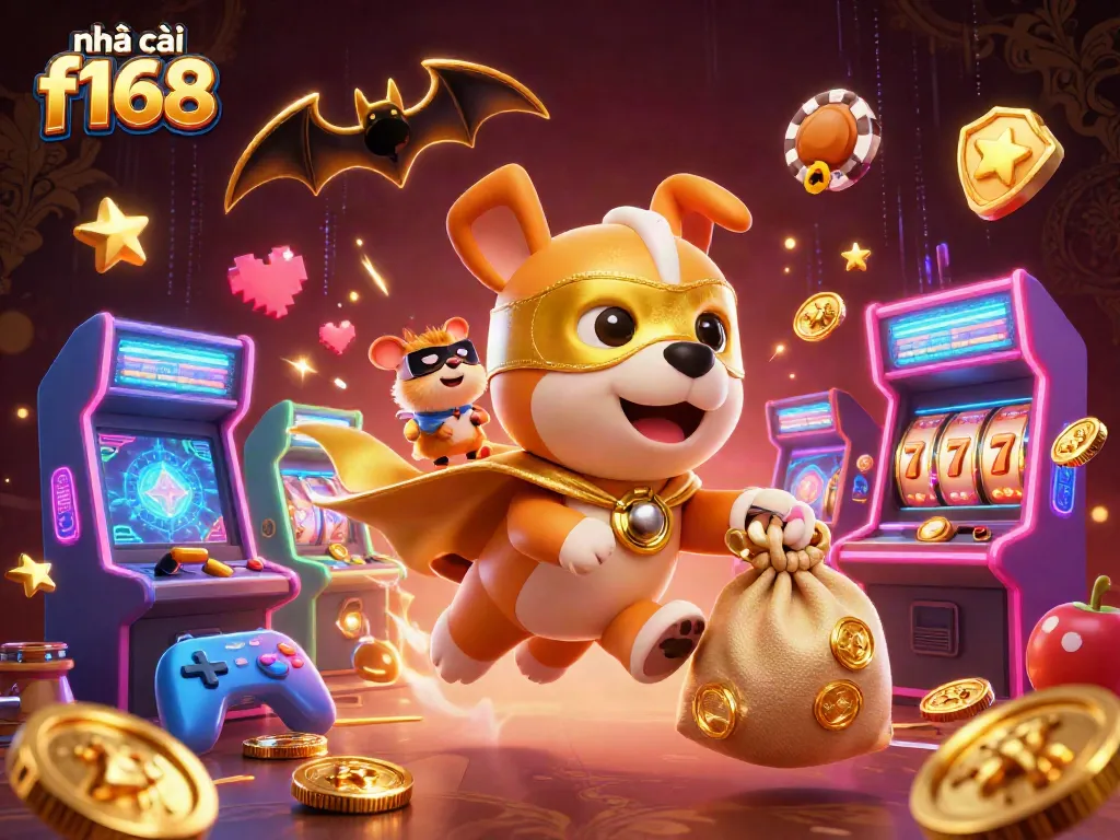 Win big with nhà cái f168 as a superhero dog and hamster celebrate in a vibrant casino scene.