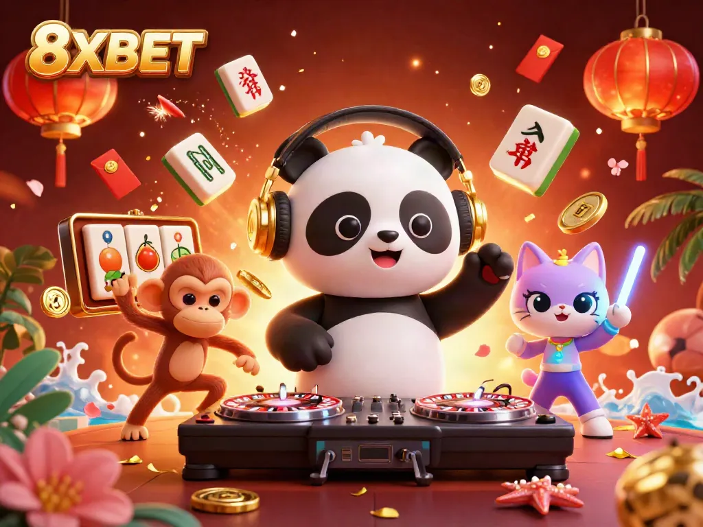 Engage with 8XBET's vibrant casino illustration showcasing a DJ panda, breakdancing monkey, and lively kitten.