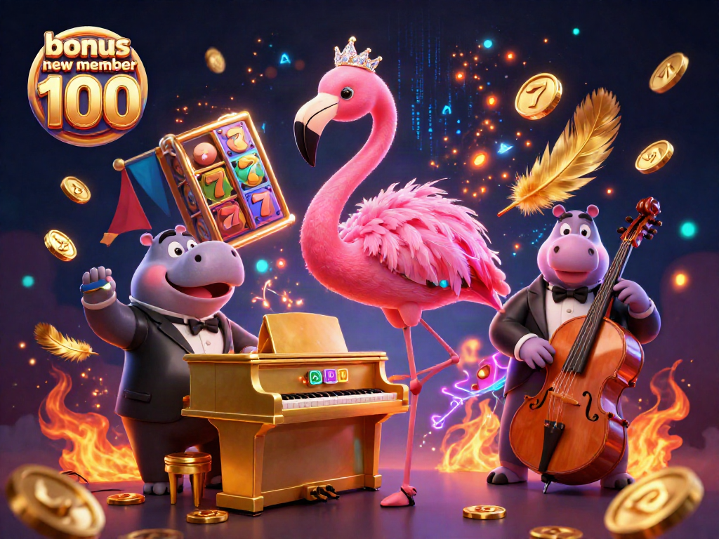 Experience the excitement of bonus new member 100 in this vibrant 3D casino illustration with a flamingo singer and a hippo bassist.