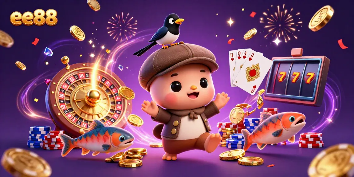 Engage with ee88's vibrant casino world through an enchanting illustration showing exciting gaming elements and characters.
