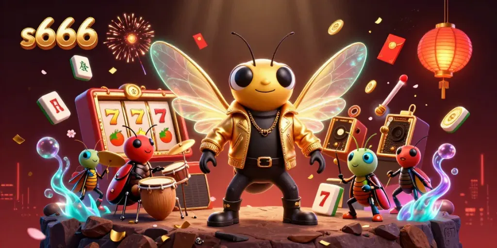 Experience the vibrant energy of s666 with a cartoon rock star, dynamic game elements, and a rich casino atmosphere.