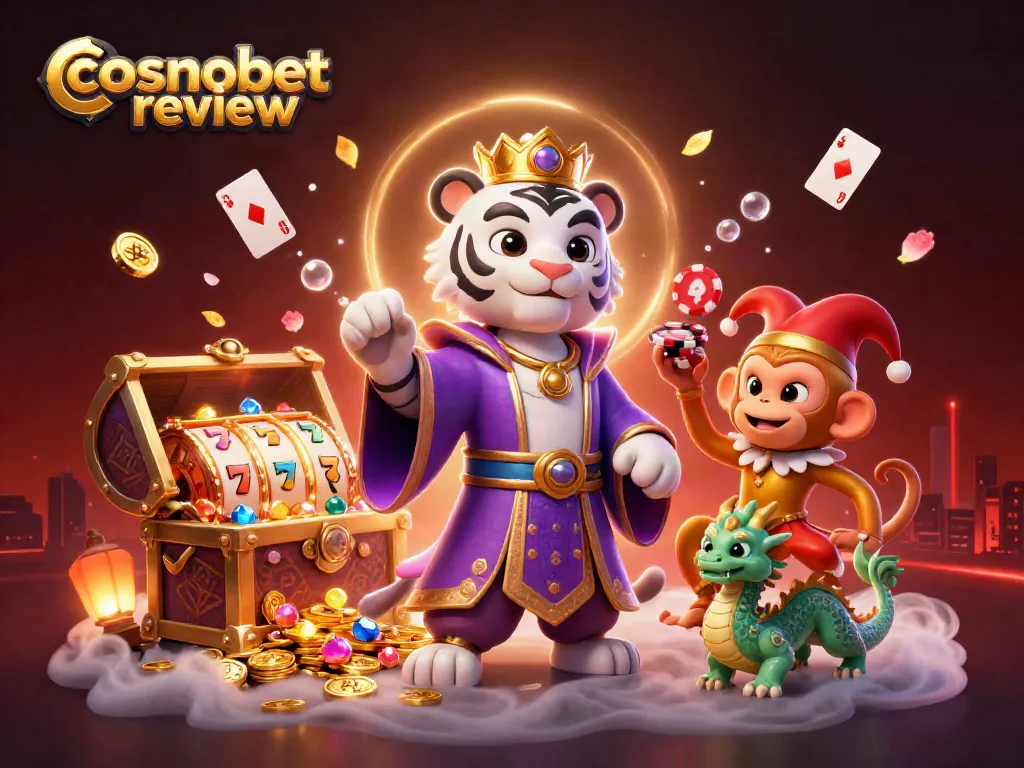Engage with the cosmobet review, showcasing vibrant characters in a lively casino scene filled with interactive gaming elements.
