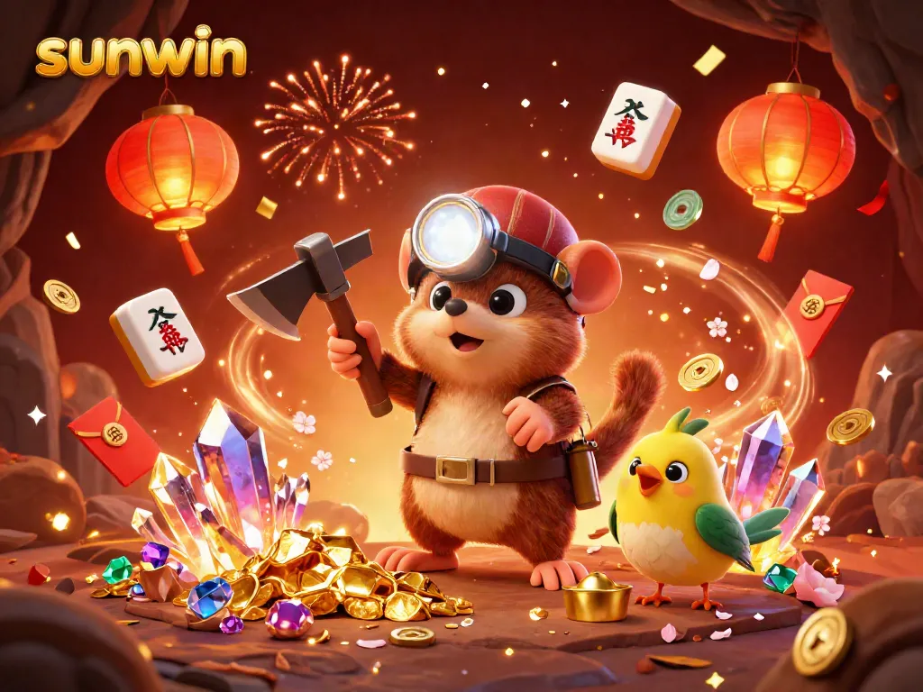 Experience the thrilling essence of Sunwin with a vibrant treasure hunting scene featuring a miner and a canary.