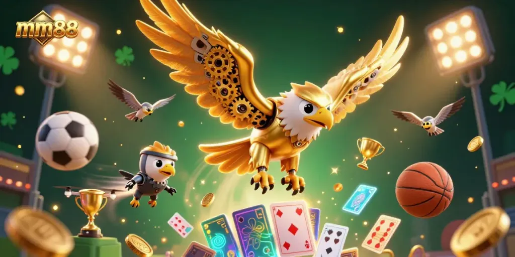 Immerse in the action with mm88's dynamic 3D illustration featuring cybernetic eagle and holographic cards.