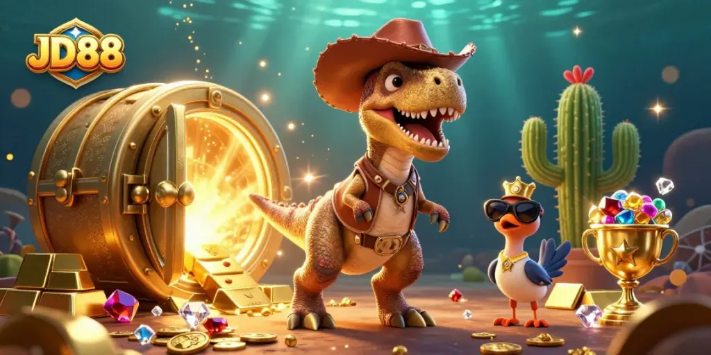 JD88 players enjoy dynamic treasures and bonuses in a vibrant casino illustration.