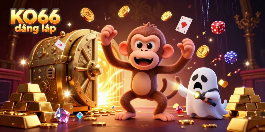Experience the excitement of KO66 đăng nhập with a playful monkey juggler amidst a haunted casino scene.