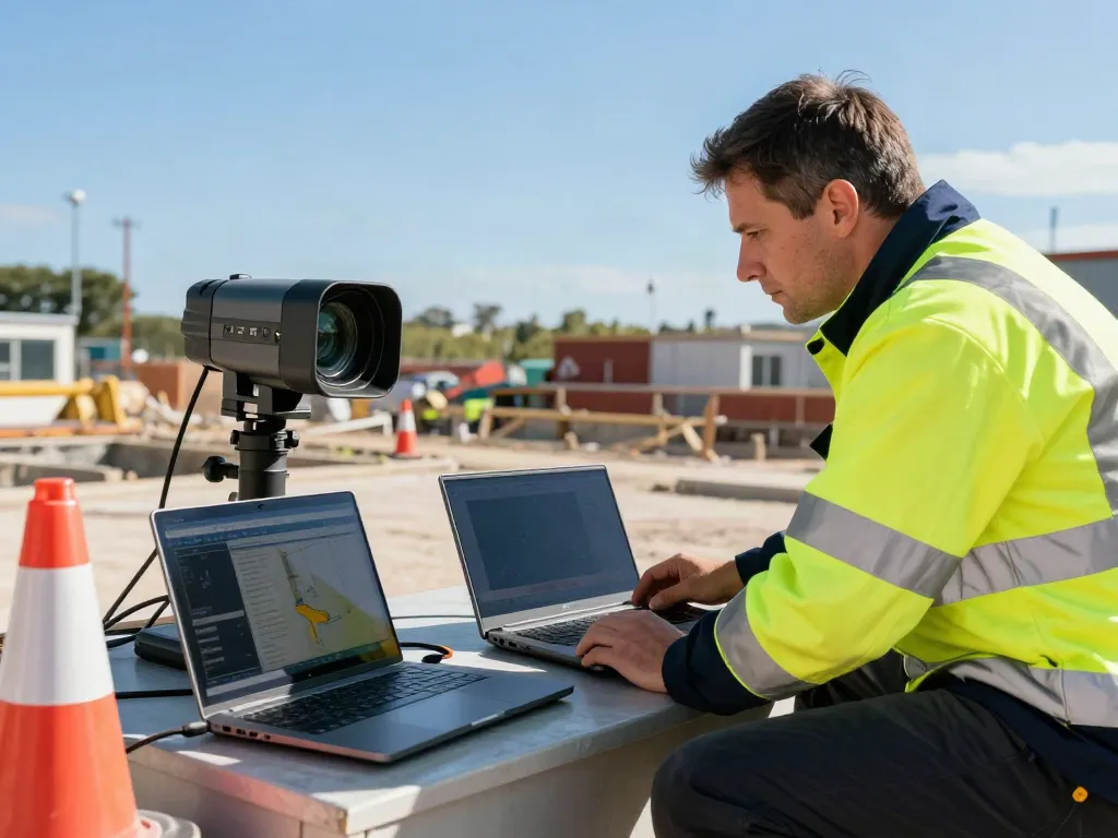 Drainage Survey Surrey professional inspecting CCTV camera data at construction site