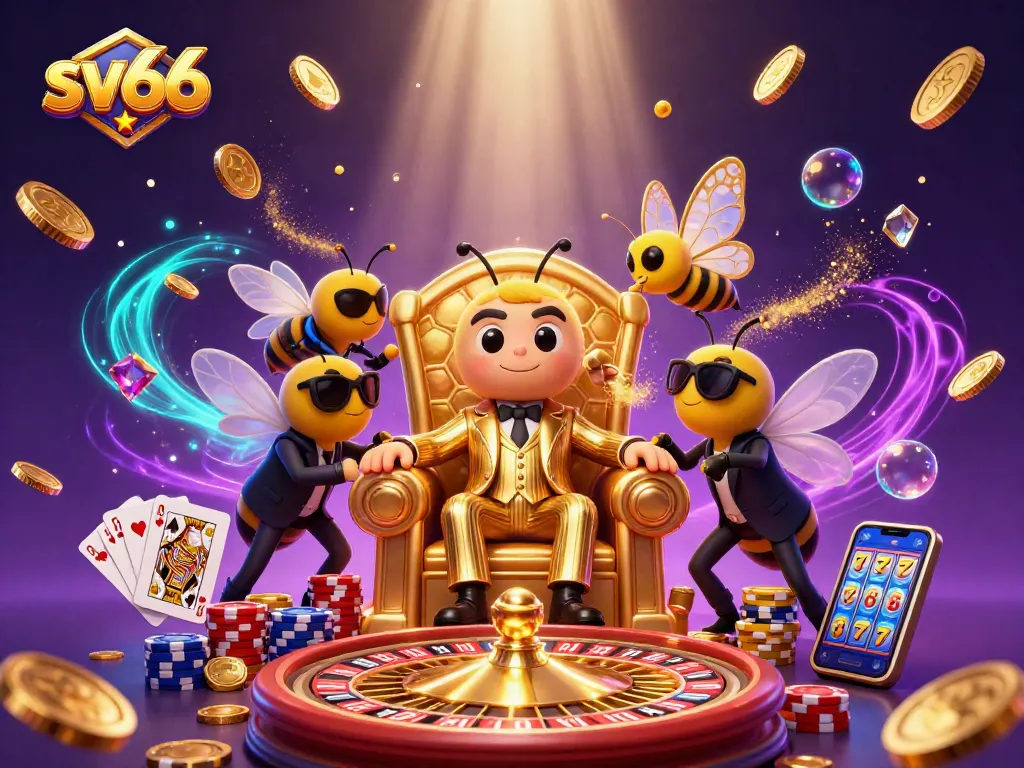 Discover sv66 casino strategies with a lively illustration of a bumblebee mob boss and casino elements.