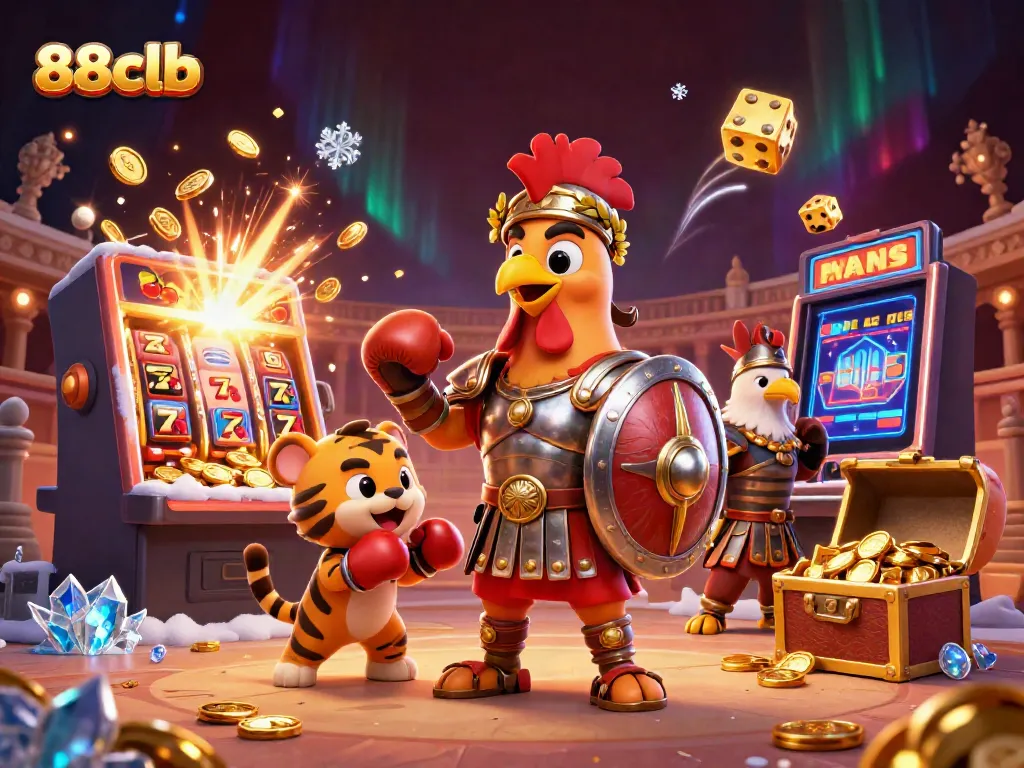 Experience thrilling jackpots at 88clb with a vibrant scene featuring a rooster gladiator and casino games.