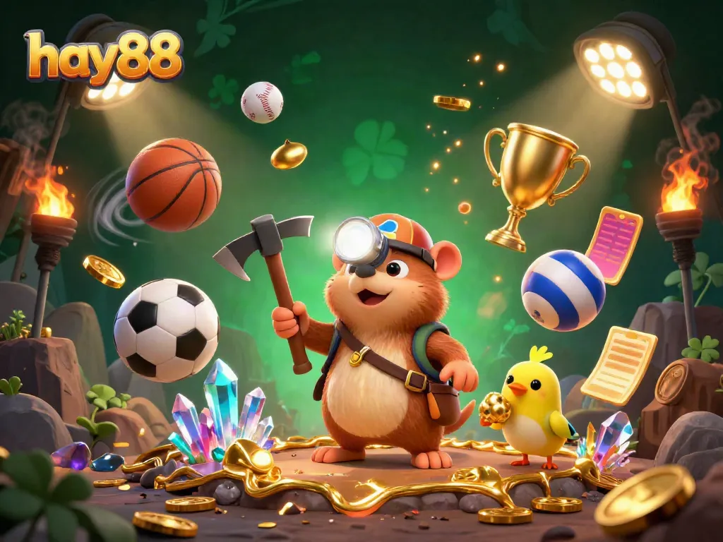 Experience thrilling action at hay88 with a treasure hunter mole and canary amid dynamic sports elements.