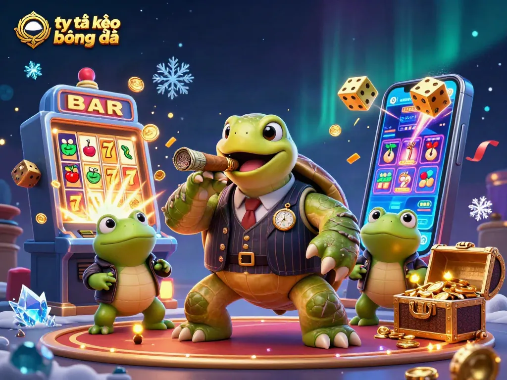 Engage with tỷ lệ kèo bóng đá in a lively scene featuring a massive snapping turtle and bullfrog enforcers amidst vibrant casino chaos.