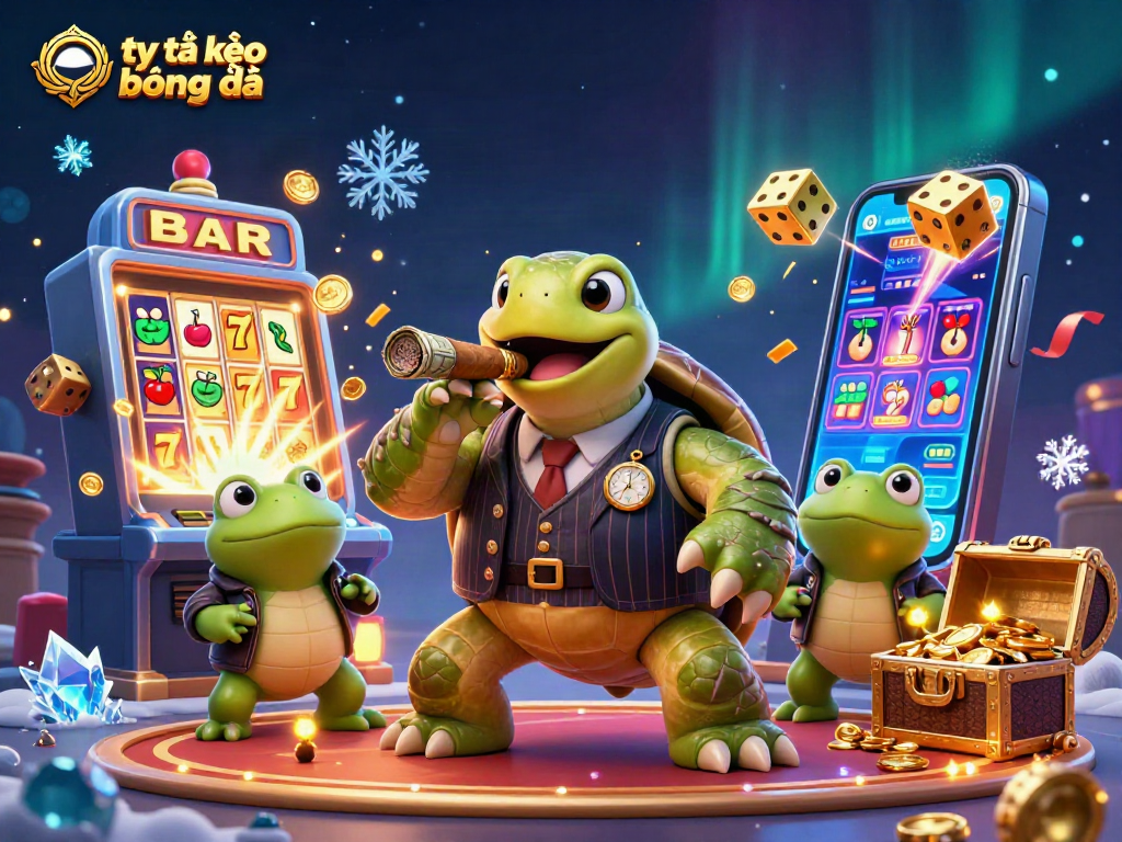 Engage with tỷ lệ kèo bóng đá in a lively scene featuring a massive snapping turtle and bullfrog enforcers amidst vibrant casino chaos.