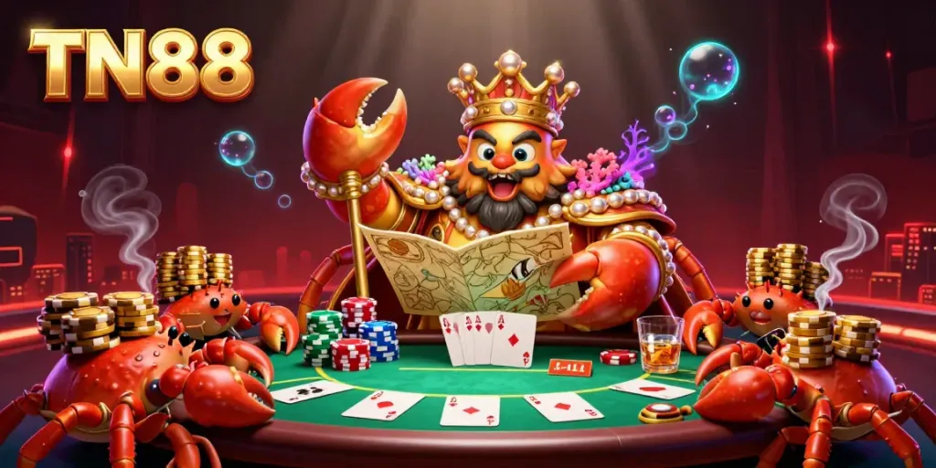 Engage with TN88 in a vibrant 3D casino scene filled with poker elements and treasure.