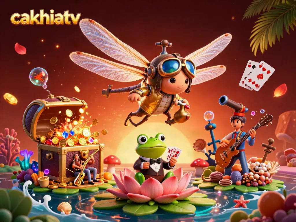 Experience exhilarating gameplay with cakhiatv in a vibrant casino scene featuring dragonfly pilots and frog dealers.