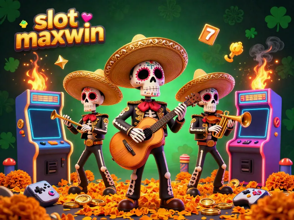 Experience slot maxwin with a vibrant 3D mariachi band and playing elements in a dynamic casino scene.