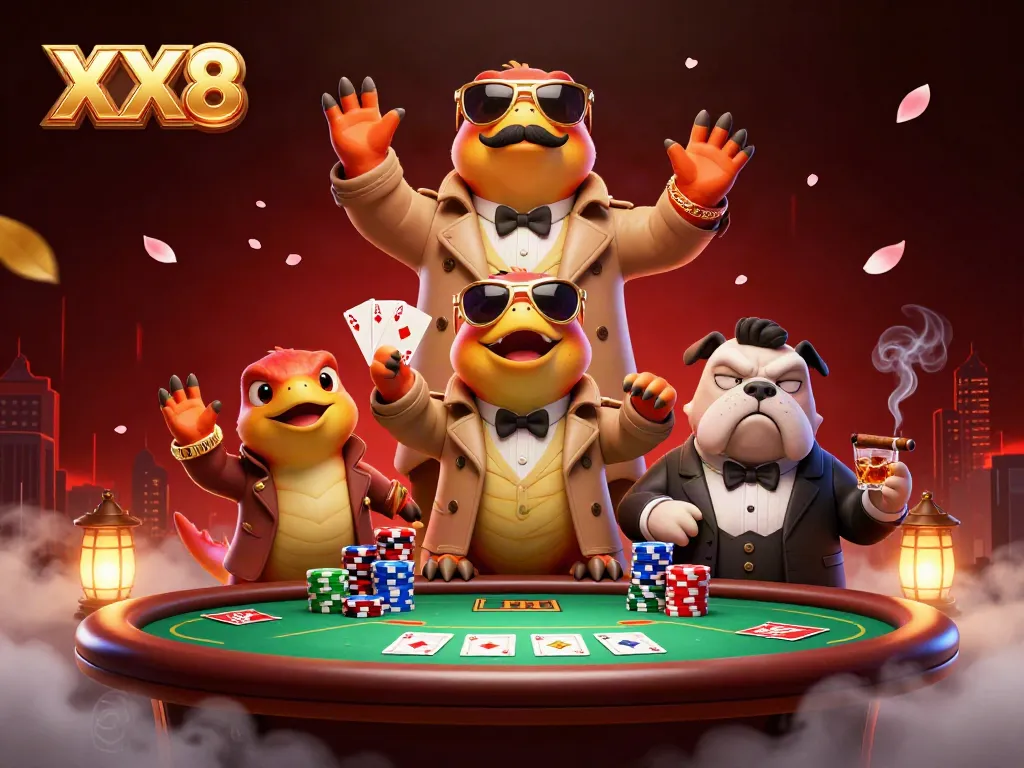 Experience the thrilling entry of XX8 raptors into the casino, surrounded by poker excitement.