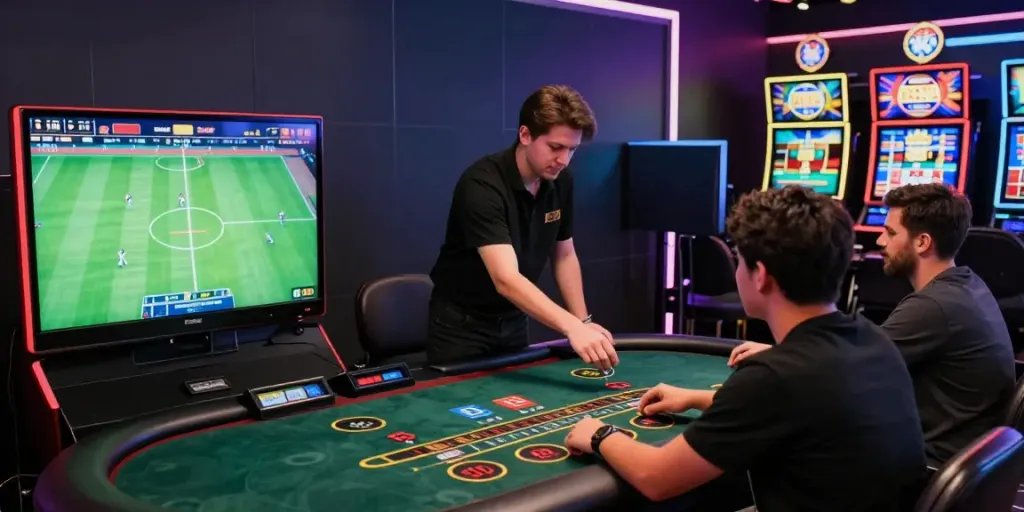 8kbet players engaging in online gambling activities in a vibrant casino atmosphere.