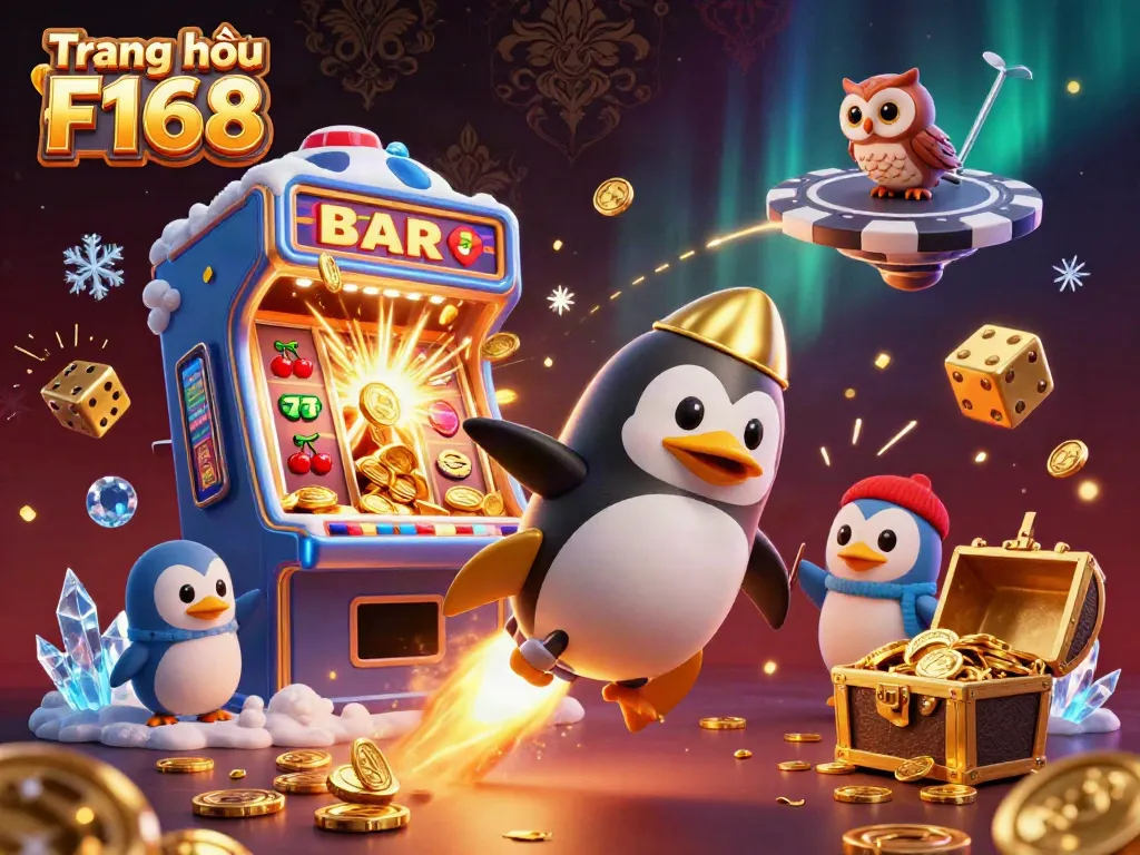 Experience the thrill of gaming at Trang chủ F168 with a vibrant animated scene featuring a golden penguin and casino elements.