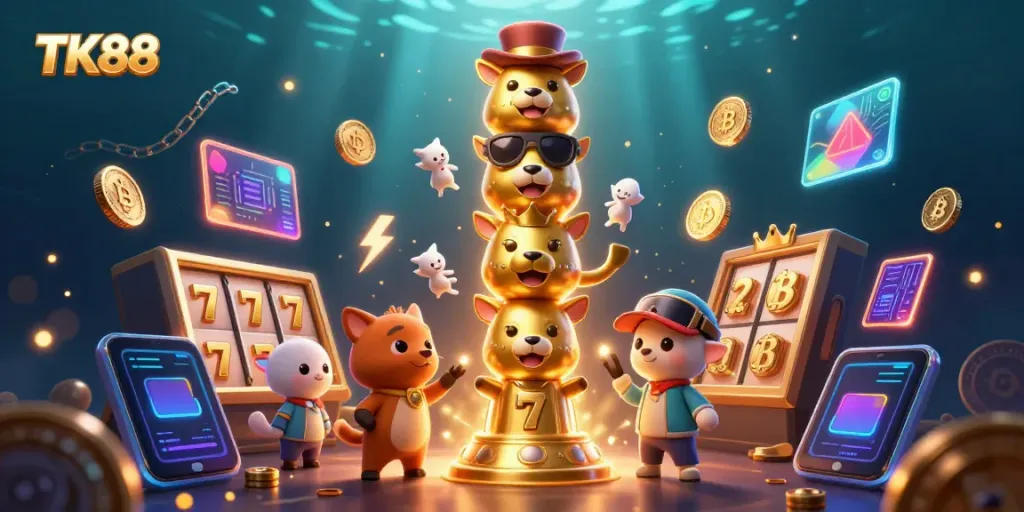 Engage with TK88's vibrant online casino world featuring dynamic slot games and crypto elements.